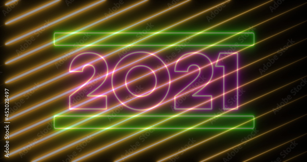 Image of 2021 in pink neon letters with moving gold diagonal lines on black background