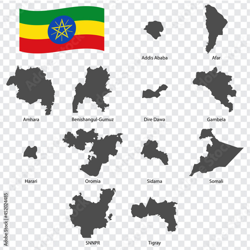 Twelve Maps  of  Ethiopia - alphabetical order with name. Every single map of Regions are listed and isolated with wordings and titles.  Republic of Ethiopia. EPS 10. photo