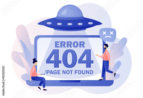 404 error. Page not found. UFO. Tiny people updates system, installation programs, system maintenance. Modern flat cartoon style. Vector illustration on white background