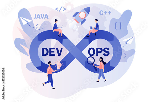 DevOps concept. Tiny programmers practice of development and software operations. Sign of infinity as symbol software engineering. Modern flat cartoon style. Vector illustration on white background