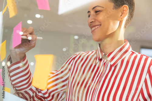 Smiling caucasian female business creative brainstorming and writing memo notes on glass wall photo