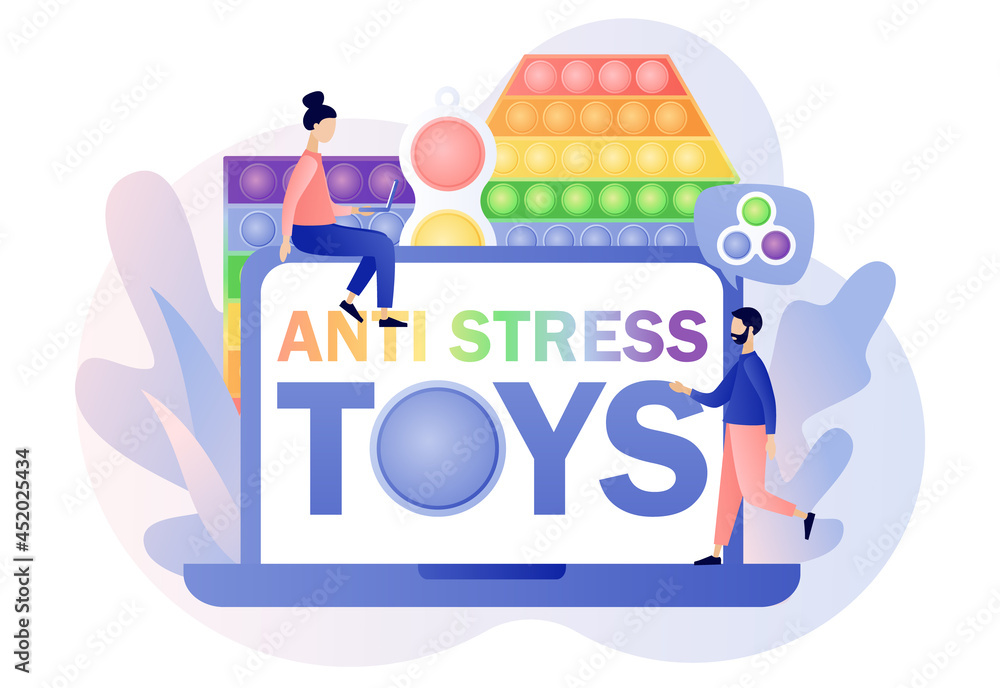 Antistress toys - text on laptop screen. Pop it and Simple dimple. Trendy fidget sensory. Tiny people play hand colorful toy with push bubbles. Modern flat cartoon style. Vector illustration