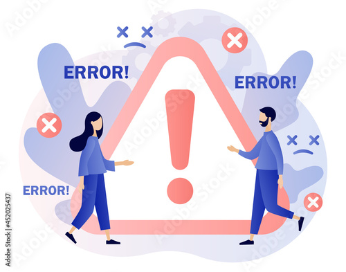 Error message big sign. Tiny people and operating system error warning window. Modern flat cartoon style. Vector illustration on white background