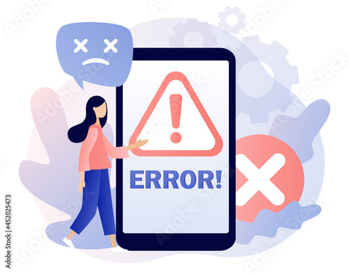 Error message sign on smartphone screen. Tiny woman examining operating system error warning window on phone. Modern flat cartoon style. Vector illustration on white background