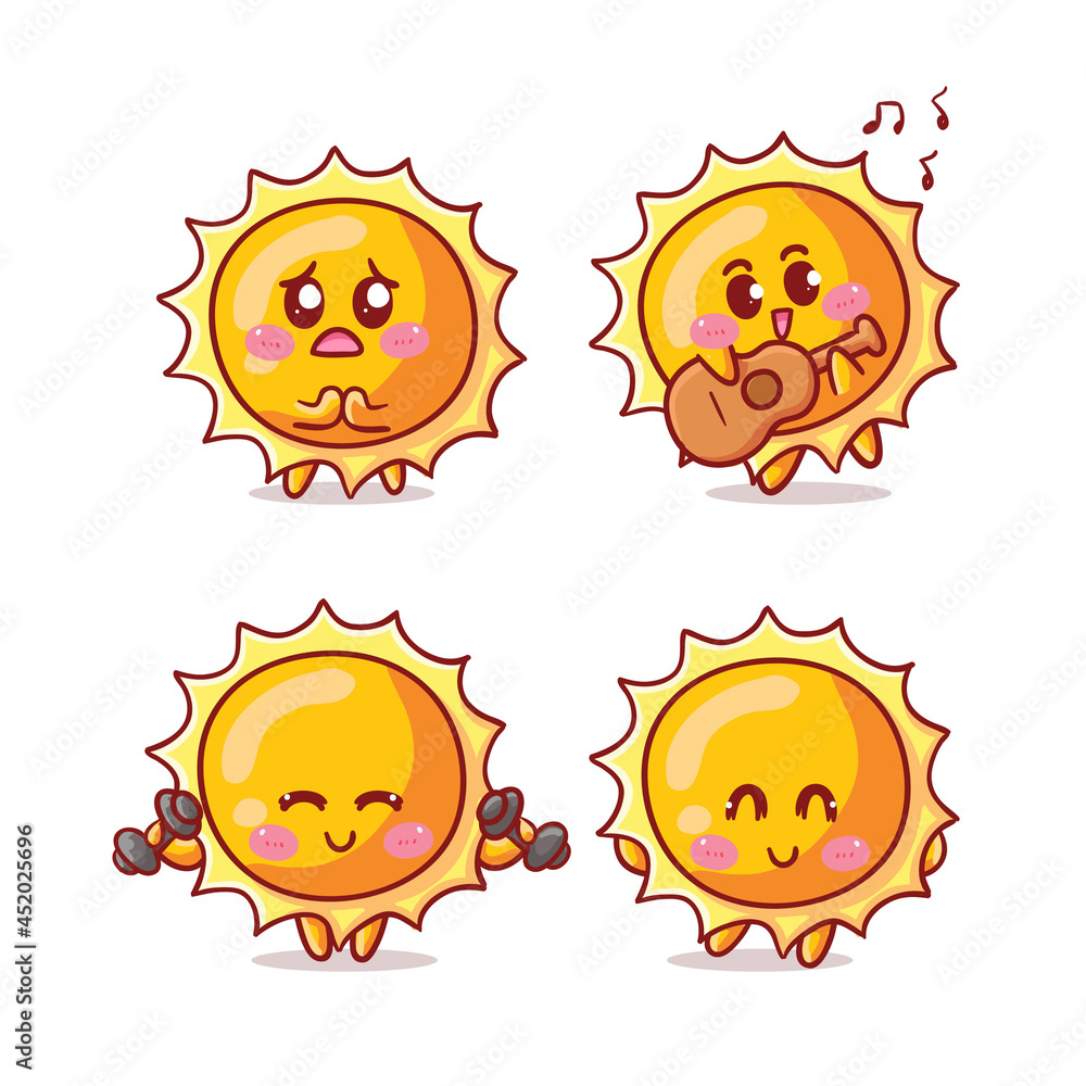 Cute and Kawaii Sun Sticker Illustration Set With Various Activity and Expression (apologize, beg, play guitar, workout, happy) for mascot Cute and Kawaii Sun Sticker Illustration Set With Various Activity and Expression (apologize, beg, play guitar, workout, happy) for mascot
