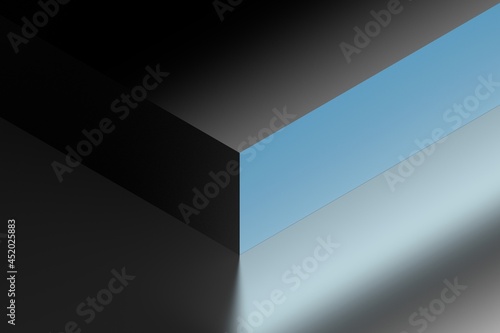Abstract illustration with cube corner colored in drak gray and blue colors. 