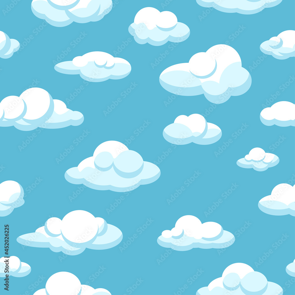White clouds seamless pattern on blue background. Blue sunny sky. Vector illustration. Design elements in flat style White clouds seamless pattern on blue background. Blue sunny sky. Vector illustration. Design elements in flat style