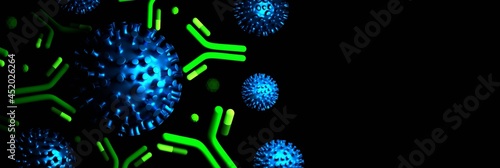 Wide web banner with virus particles and antibodies color in vibrant green blue colors on black background with copy blank space. photo