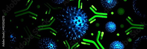 Wide web banner with virus particles and antibodies color in vibrant green blue colors on black background. photo
