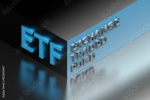 Financial term abbreviation ETF standing for Exchange Traded Fund on cube corner.