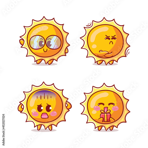 Cute and Kawaii Sun Sticker Illustration Set With Various Activity and Expression (nerd, upset, fearful, give present) for mascot