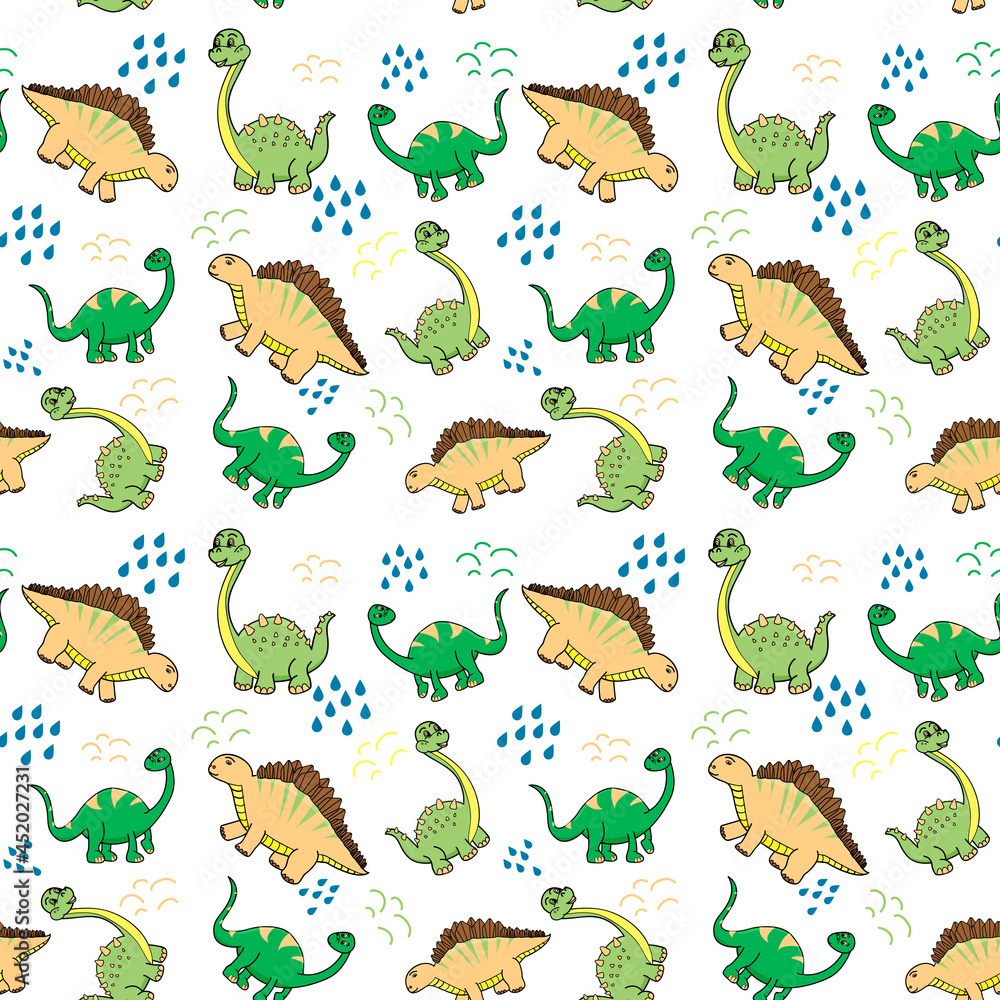 Seamless dinosaur pattern with drops and arcs in pastel colors Seamless dinosaur pattern with drops and arcs in pastel colors