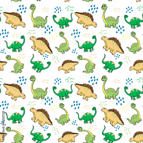 Seamless dinosaur pattern with drops and arcs in pastel colors