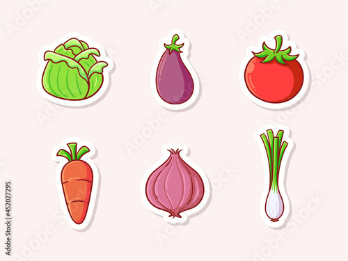 Cute Vegetables (Cabbage, Eggplant, Tomato, Carrot, Onion, Leek) Sticker Illustration Set