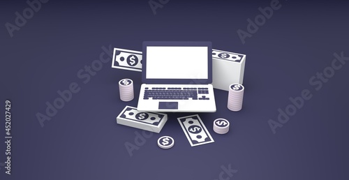 Laptop with money, incomes for the Internet and online banking, 3d render