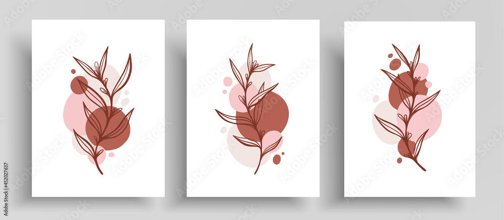 Botanical minimalistic vector template with earth color shapes and leaves. Beautiful layout with outline plants and twigs. Templates for invitations or greeting cards, cover design, wall art.