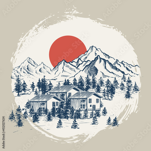 Mountain landscape, vector illustration, sketch style.	
