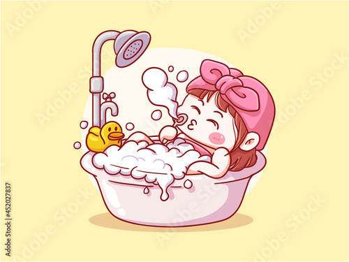 Cute and kawaii Girl Take a shower bath manga chibi Illustration