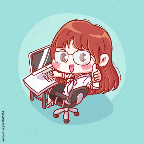 Cute and kawaii Girl Working on Desk manga chibi Illustration