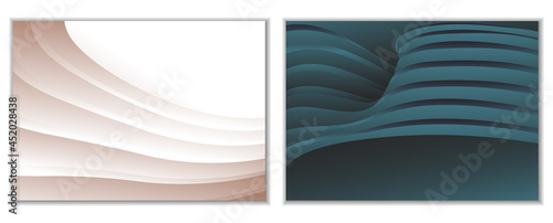 Abstract gradient waves background and folds. A set of 2 templates. 3D illustration in gentle pastel colors. Vector