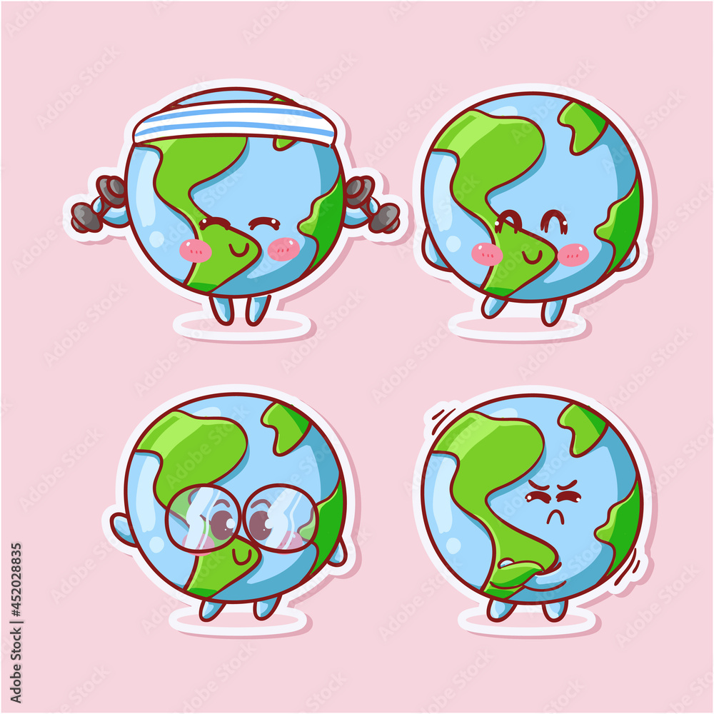 Cute and Kawaii Earth Globe Sticker Illustration Set With Various Activity and Expression (workout, happy, nerd, upset) for mascot