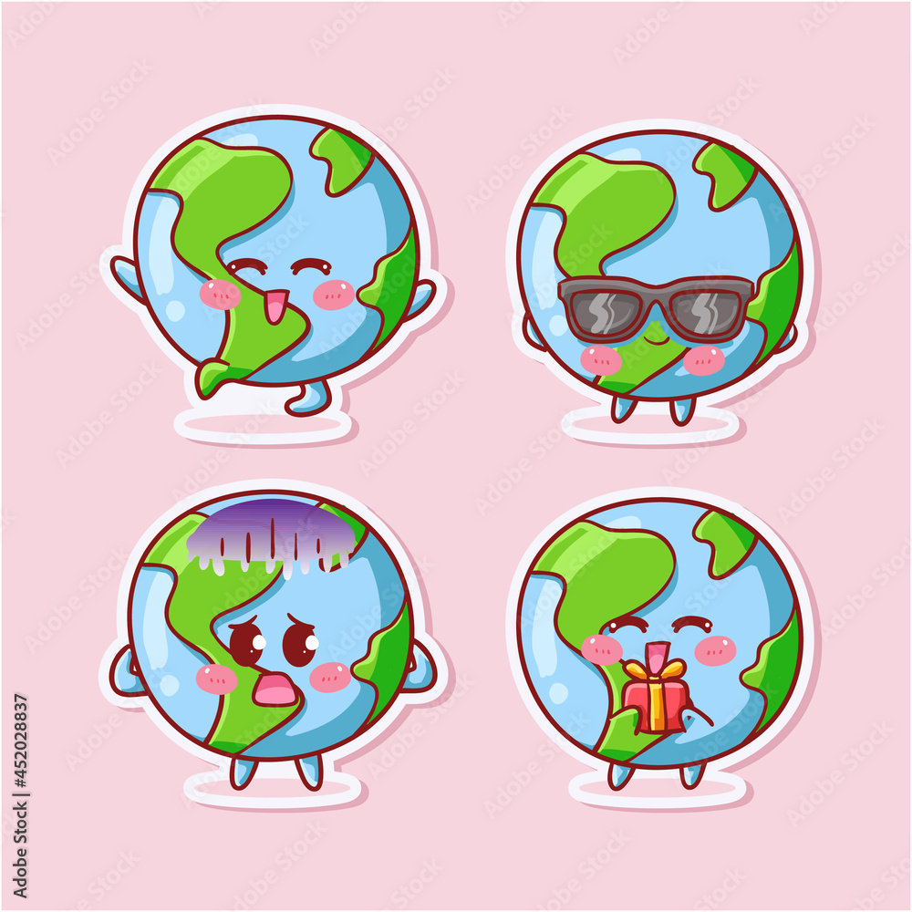 Fototapeta premium Cute and Kawaii Earth Globe Sticker Illustration Set With Various Activity and Expression (happy, hooray, sunglasses, fearful, give present) for mascot
