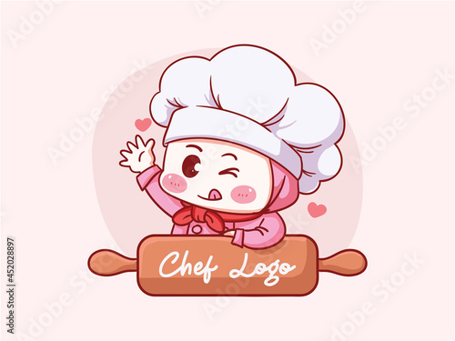 Cute and kawaii muslim female chef wearing Hijab with Wood Rolling Pin Manga Chibi Illustration