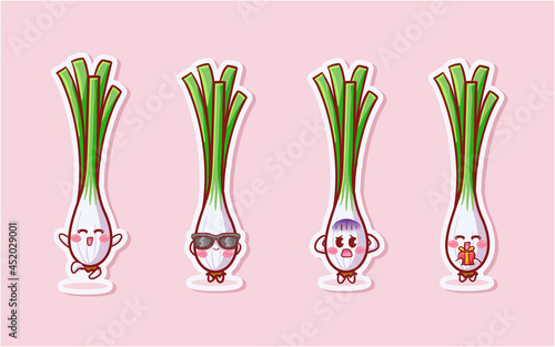 Cute and Kawaii Lemongrass Sticker Illustration Set With Various Activity and Expression (happy, hooray, sunglasses, fearful, give present) for mascot