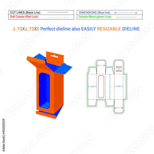 Hanging display box Five flap (1.75x1.75x5) inch boxes packaging dieline template and 3D box vector file
