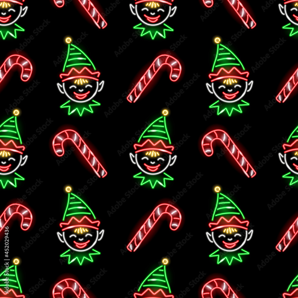 Christmas seamless pattern with neon candy-cane and elf face icons on black background. Winter holidays, X-mas, New Year, kids concept for wallpaper, wrapping, print. Vector 10 EPS illustration. Christmas seamless pattern with neon candy-cane and elf face icons on black background. Winter holidays, X-mas, New Year, kids concept for wallpaper, wrapping, print. Vector 10 EPS illustration.