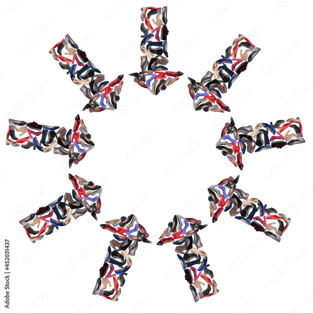 Obraz premium Arrow direction from shoes on a white background in a circle.
