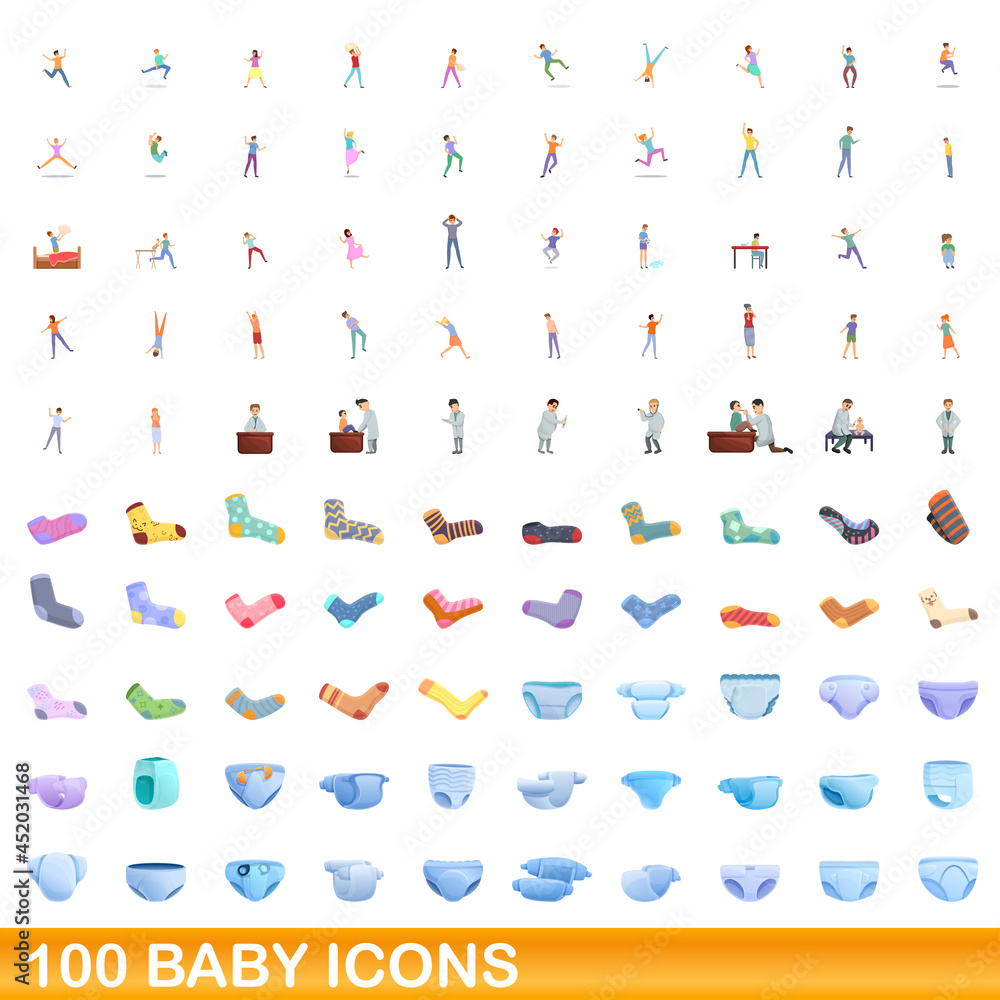 Naklejka premium 100 baby icons set. Cartoon illustration of 100 baby icons vector set isolated on white background