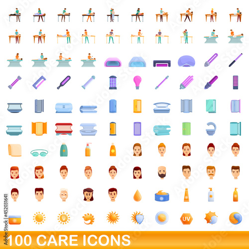 100 care icons set. Cartoon illustration of 100 care icons vector set isolated on white background