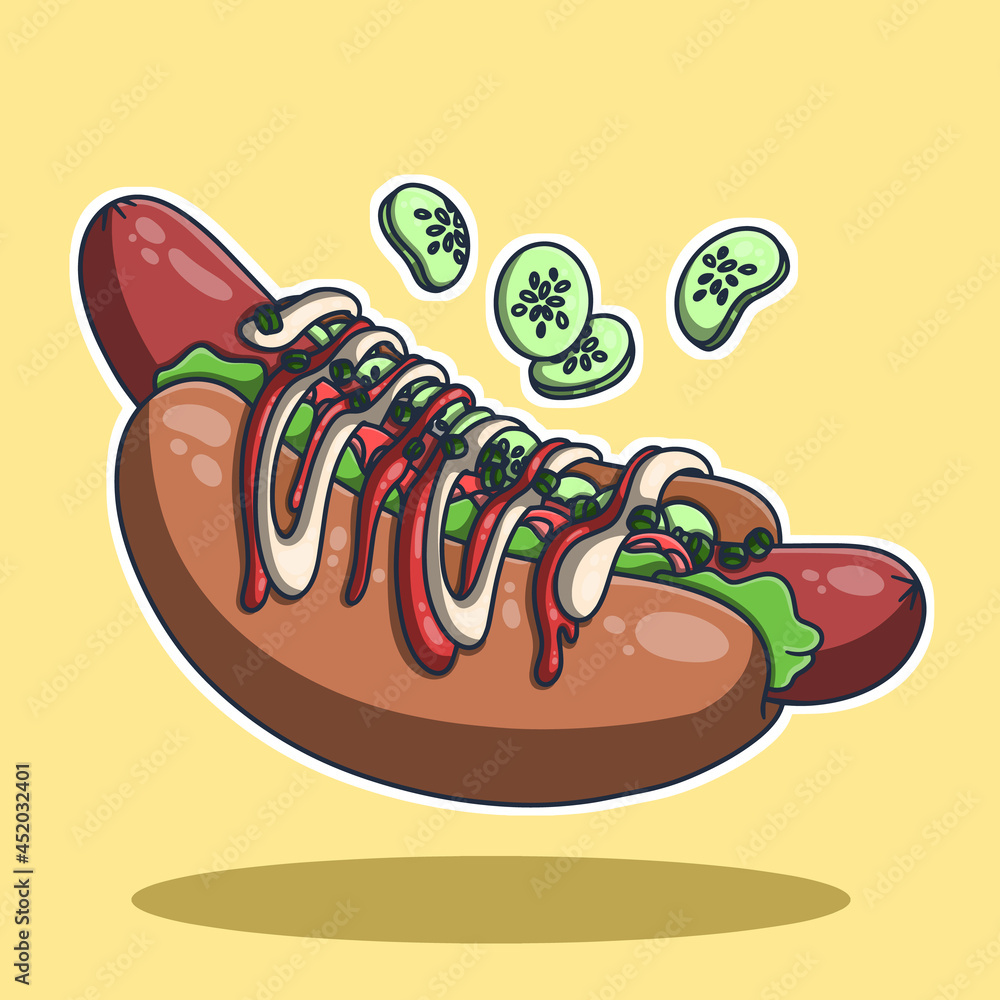 Hot Dog. Colorful takeaway food sold on the street in different countries. Vector illustration, sticker, cartoon style. Hot Dog. Colorful takeaway food sold on the street in different countries. Vector illustration, sticker, cartoon style.