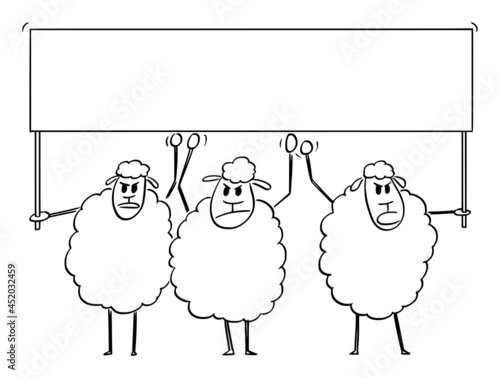 Crowd of Sheep Holding Empty Sign, Vector Cartoon Illustration