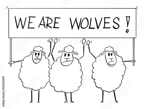 Crowd of Sheep Holding We Are Wolves Sign, Vector Cartoon Illustration