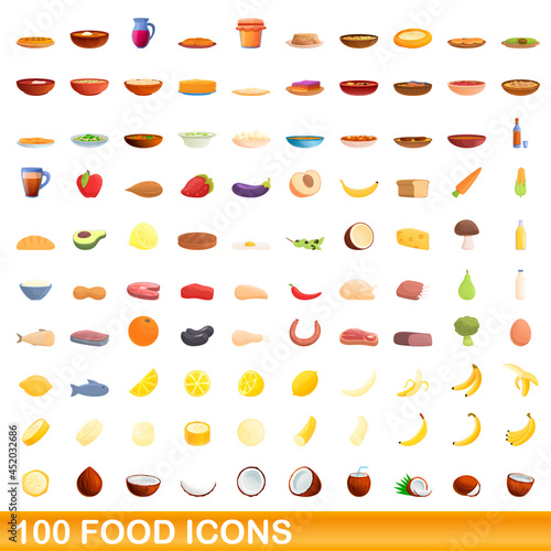 100 food icons set. Cartoon illustration of 100 food icons vector set isolated on white background