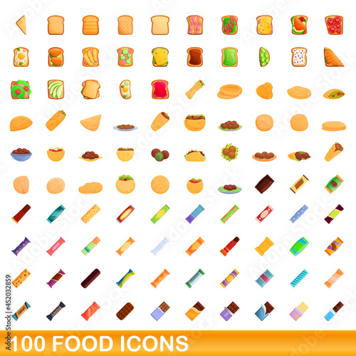 100 food icons set. Cartoon illustration of 100 food icons vector set isolated on white background