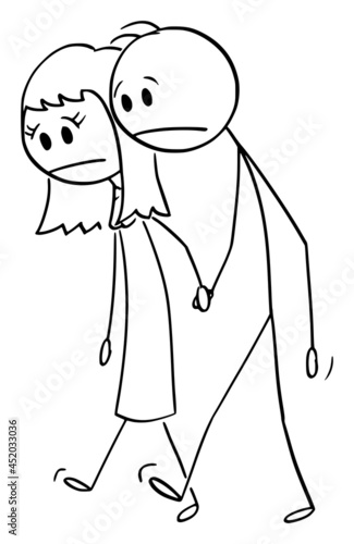 Frustrated Couple of Man and Woman with Problem, Vector Cartoon Stick Figure Illustration