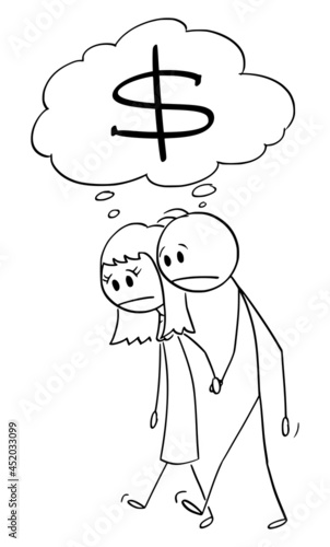Frustrated Couple of Man and Woman with Financial Problem with Money, Vector Cartoon Stick Figure Illustration