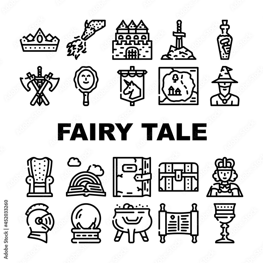 Fairy Tale Story Medieval Book Icons Set Vector. Castle And Knight Armour Equipment, Magician And Witch Fairy Tale Character, Magic Mirror And Glass Sphere, Dragon And King Contour Illustrations Fairy Tale Story Medieval Book Icons Set Vector. Castle And Knight Armour Equipment, Magician And Witch Fairy Tale Character, Magic Mirror And Glass Sphere, Dragon And King Contour Illustrations