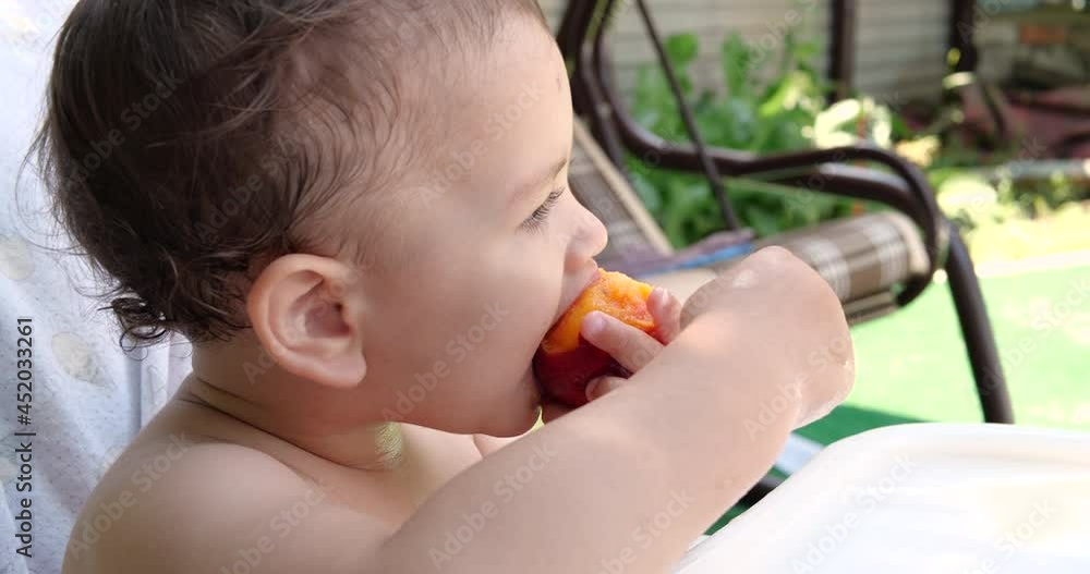 a small child sits on a baby feeding chair and eats a peach in the summer. Childhood concept. Close-up shot a small child sits on a baby feeding chair and eats a peach in the summer. Childhood concept. Close-up shot
