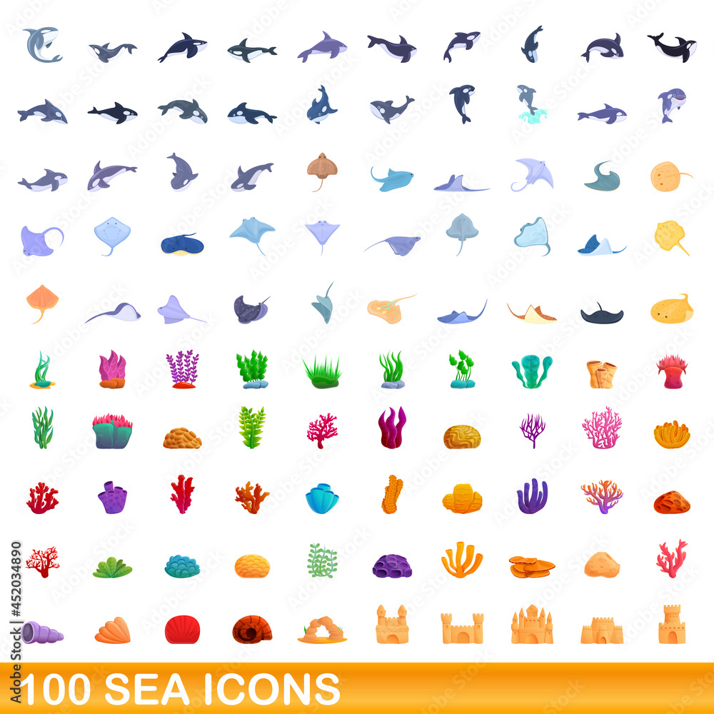 100 sea icons set. Cartoon illustration of 100 sea icons vector set isolated on white background