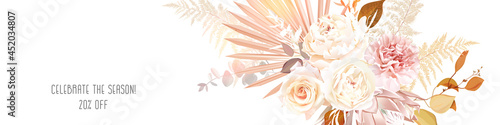 Trendy dried palm leaves, blush pink and rust rose, pale protea, white peony