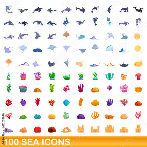 100 sea icons set. Cartoon illustration of 100 sea icons vector set isolated on white background