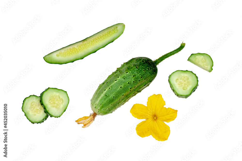 Cucumber and slices isolated on a white background, top view Cucumber and slices isolated on a white background, top view