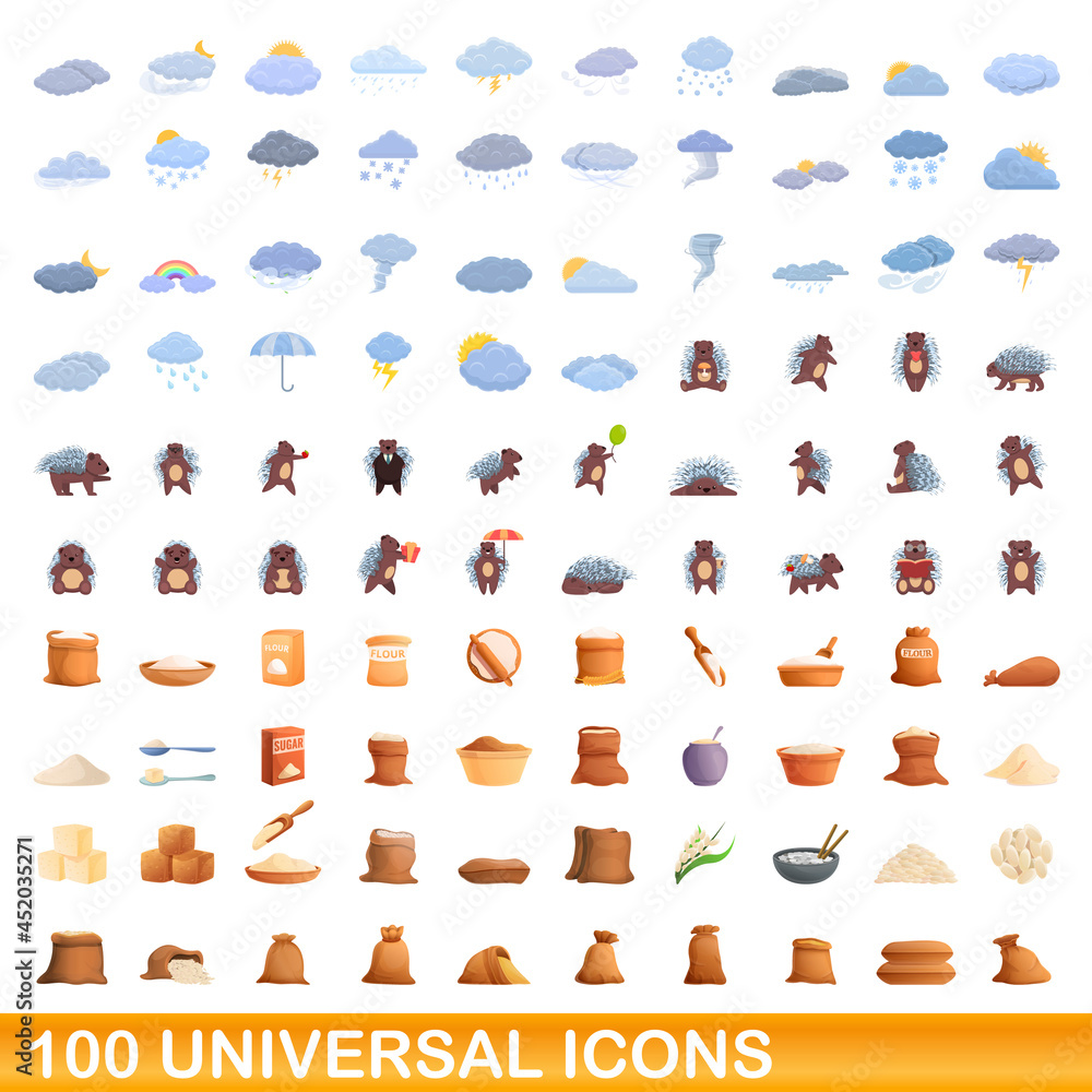 100 universal icons set. Cartoon illustration of 100 universal icons vector set isolated on white background