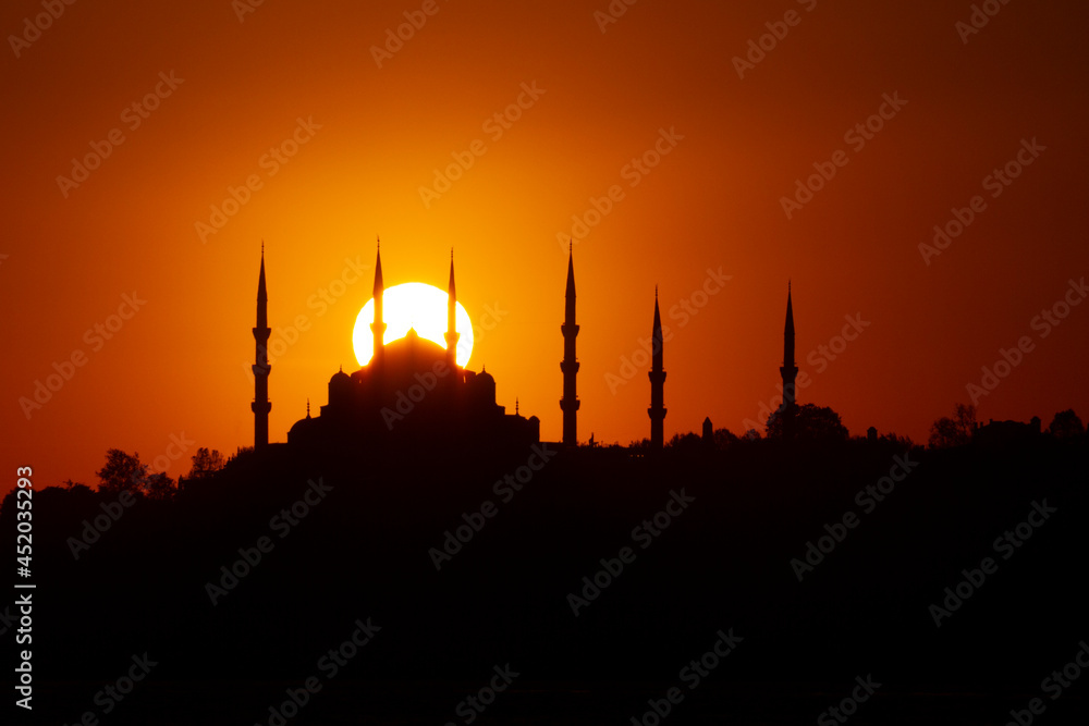 Silhouette of the Blue Mosque at the sunset in Istanbul, Turkey