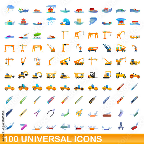 100 universal icons set. Cartoon illustration of 100 universal icons vector set isolated on white background