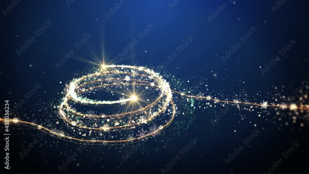 Glowing gold Christmas tree animation with particles lights stars and snowflakes on blue. Holiday concept and background 4k